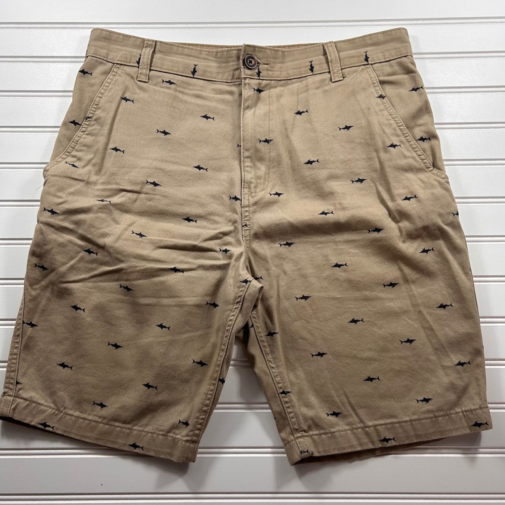 Faded Glory Shark Print Chino Shorts Mens 34 Khaki Tan Nautical Flat Front